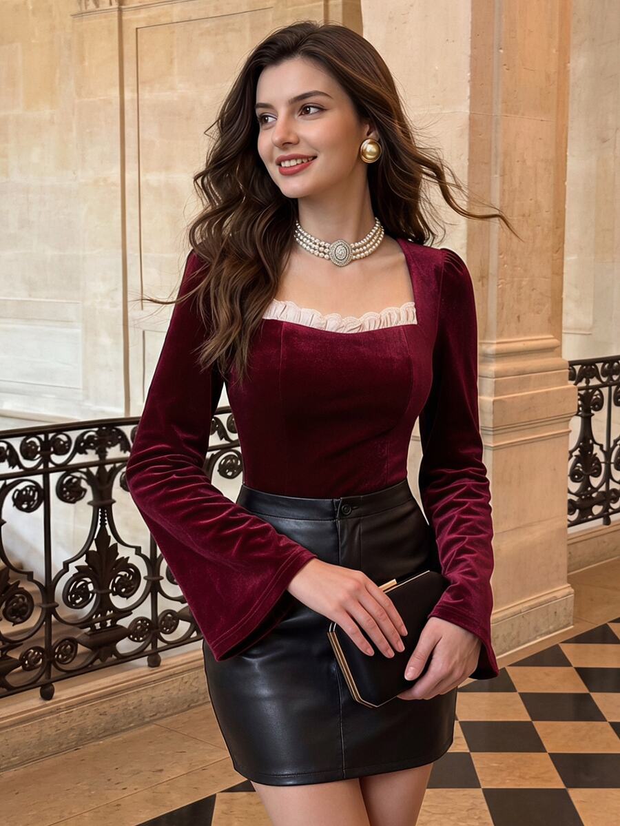 Vintamour Vintage Elegant Women's Autumn Winter Velvet Patchwork Ruffle Lace Contrast Color Casual Vacation Holiday Party T-Shirt Halloween Christmas New Year - Burgundy - View 1