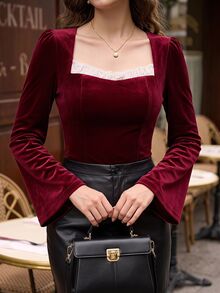 Vintamour Vintage Elegant Women's Autumn Winter Velvet Patchwork Ruffle Lace Contrast Color Casual Vacation Holiday Party T-Shirt Halloween Christmas New Year - Burgundy - View 3