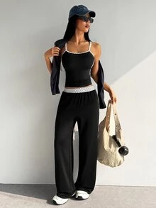 Dewbera Dewbera Women's Colorblock Camisole Top And Long Pants Casual Daily Sports Set - Black - View 1