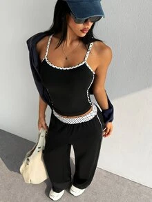 Dewbera Dewbera Women's Colorblock Camisole Top And Long Pants Casual Daily Sports Set - Black - View 6