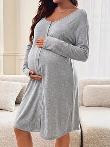 SHEIN Gaun Hamil Warna Polos - Grey - View 4