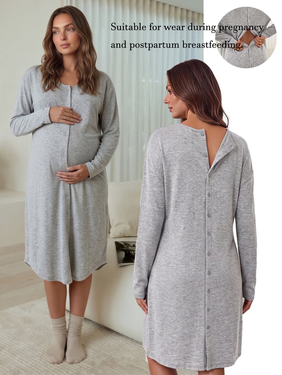 SHEIN Gaun Hamil Warna Polos - Grey - View 1