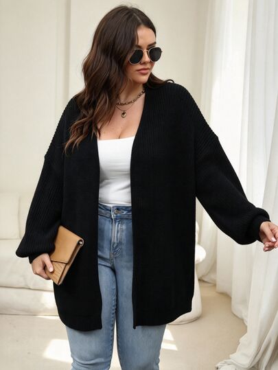 Vionelle Minimalist Solid Color Textured Pattern Plus Size Cardigan, For Winter Fall Cloth For Women