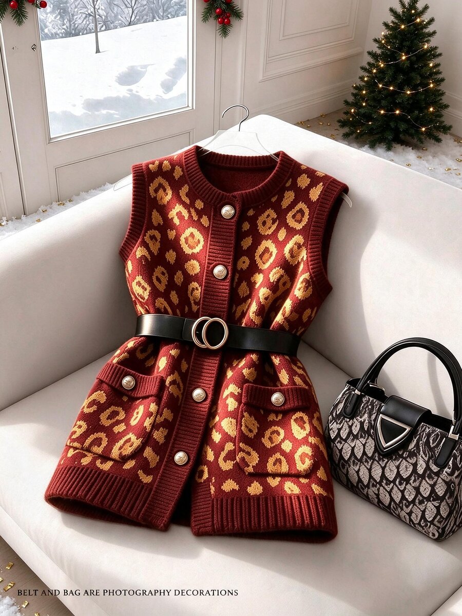 Selianne Chic Leopard Print Round Neck Women Knitted Cardigan Vest Top - Multicolor - View 1