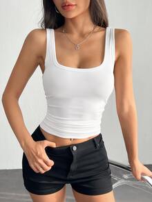 SHEIN PETITE Casual Basic All-Match White Cami Top With Deep U-Neck And Racerback,Petite Women Everyday Daytime Daily Wear Summer - White - View 10