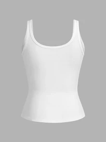 SHEIN PETITE Casual Basic All-Match White Cami Top With Deep U-Neck And Racerback,Petite Women Everyday Daytime Daily Wear Summer - White - View 9