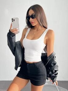 SHEIN PETITE Casual Basic All-Match White Cami Top With Deep U-Neck And Racerback,Petite Women Everyday Daytime Daily Wear Summer - White - View 7