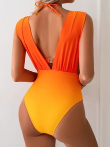 SHEIN Swim 2pcs/Set Ombre Monokini Swimsuit, European & American Style Resort Ocean Metal Decor Swimwear - Multicolor - View 3