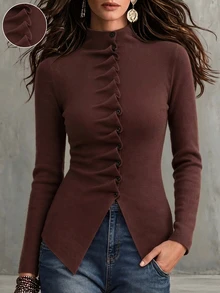 SHEIN 女款休閒秋冬純色鈕扣百褶長袖套頭針織衫 - 鏽棕色 - 查看 1