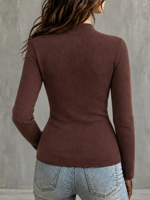 SHEIN 女款休閒秋冬純色鈕扣百褶長袖套頭針織衫 - 鏽棕色 - 查看 2
