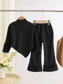 SHEIN 女童 2 件組 高領上衣微喇長褲 不對稱下擺 毛絨裝飾袖口與褲腳 7 歲生日 秋季 1 歲生日 - 黑色 - 查看 3