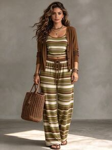 GlowEve CURVE Plus Size Women's Casual Fashion Striped Print 3 Pieces Set, Long Sleeve Jacket, Camisole, Long Pants Fall - Multicolor - View 7