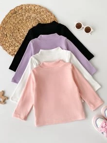 SHEIN 4件組女嬰可愛甜美貓咪刺繡蝴蝶結長袖小立領修身上衣，粉色、白色、紫色、黑色，適合派對與秋季穿著 - 彩色 - 查看 2