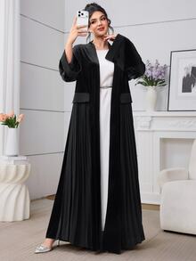 Al Najma Autumn/Winter Fashionable Elegant Black Velvet Patchwork Pleated Flare Sleeve Open Front Women Jacket - Black - View 6