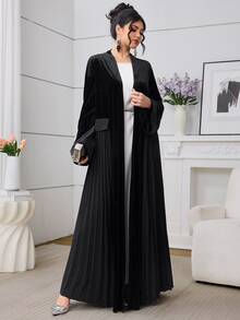Al Najma Autumn/Winter Fashionable Elegant Black Velvet Patchwork Pleated Flare Sleeve Open Front Women Jacket - Black - View 3