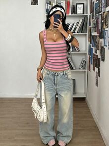 StreetHx Fashionable Women's Pink Checkered Striped Tank Top Night Out Summer Y2k - Multicolor - View 5