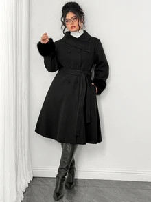 Elenzga Autumn/Winter New Irregular Lapel Plush Cuff Fashion Glamorous Vintage Women's Plus Size Coat - Black - View 5
