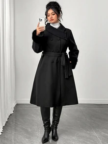 Elenzga Autumn/Winter New Irregular Lapel Plush Cuff Fashion Glamorous Vintage Women's Plus Size Coat - Black - View 4