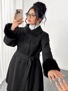 Elenzga Autumn/Winter New Irregular Lapel Plush Cuff Fashion Glamorous Vintage Women's Plus Size Coat - Black - View 6