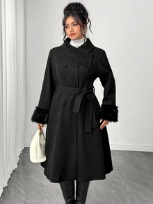 Elenzga Autumn/Winter New Irregular Lapel Plush Cuff Fashion Glamorous Vintage Women's Plus Size Coat - Black - View 7