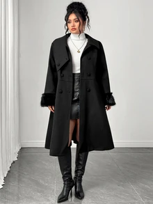 Elenzga Autumn/Winter New Irregular Lapel Plush Cuff Fashion Glamorous Vintage Women's Plus Size Coat - Black - View 3