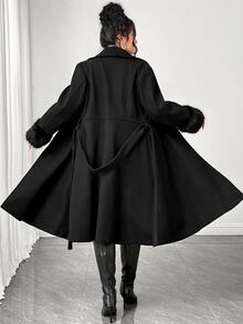 Elenzga Autumn/Winter New Irregular Lapel Plush Cuff Fashion Glamorous Vintage Women's Plus Size Coat - Black - View 2