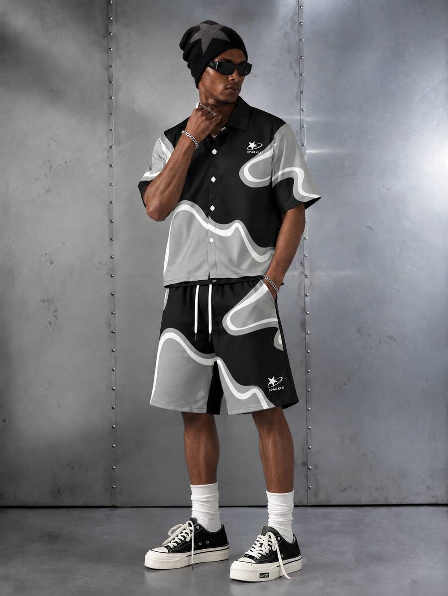 Manfinity EMRG Conjunto casual de camisa corta de manga corta con botones de color contrastante y pantalones cortos con cordón en la cintura para hombre - Multicolor - Ver 1