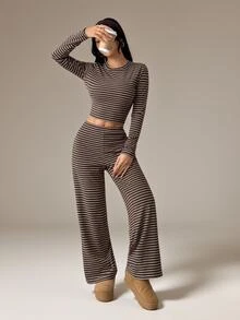 SHEIN PETITE Women's Brown Stripe Pajama Set For Autumn,Casual Everyday Homewear Crew Neck Long Sleeve Tee Loose Straight Leg Pants,Two Pieces Set,Petite Lounge - Coffee Brown - View 6