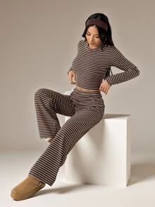 SHEIN PETITE Women's Brown Stripe Pajama Set For Autumn,Casual Everyday Homewear Crew Neck Long Sleeve Tee Loose Straight Leg Pants,Two Pieces Set,Petite Lounge - Coffee Brown - View 7