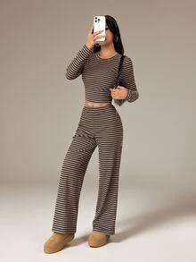 SHEIN PETITE Women's Brown Stripe Pajama Set For Autumn,Casual Everyday Homewear Crew Neck Long Sleeve Tee Loose Straight Leg Pants,Two Pieces Set,Petite Lounge - Coffee Brown - View 4