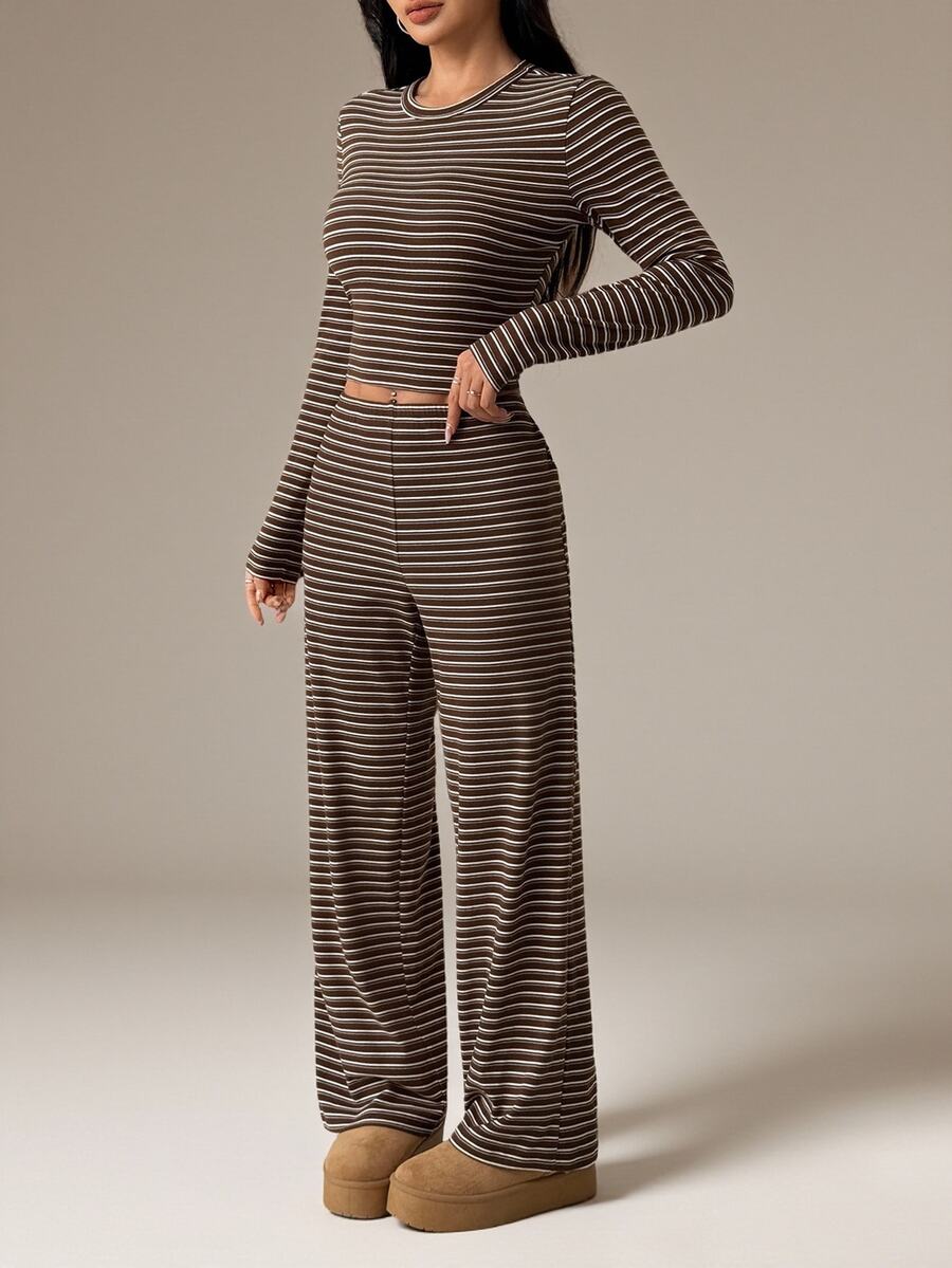 SHEIN PETITE Women's Brown Stripe Pajama Set For Autumn,Casual Everyday Homewear Crew Neck Long Sleeve Tee Loose Straight Leg Pants,Two Pieces Set,Petite Lounge - Coffee Brown - View 1