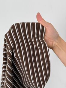 SHEIN PETITE Women's Brown Stripe Pajama Set For Autumn,Casual Everyday Homewear Crew Neck Long Sleeve Tee Loose Straight Leg Pants,Two Pieces Set,Petite Lounge - Coffee Brown - View 8