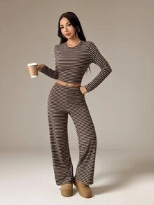 SHEIN PETITE Women's Brown Stripe Pajama Set For Autumn,Casual Everyday Homewear Crew Neck Long Sleeve Tee Loose Straight Leg Pants,Two Pieces Set,Petite Lounge - Coffee Brown - View 5