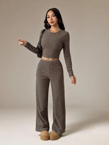 SHEIN PETITE Women's Brown Stripe Pajama Set For Autumn,Casual Everyday Homewear Crew Neck Long Sleeve Tee Loose Straight Leg Pants,Two Pieces Set,Petite Lounge - Coffee Brown - View 3