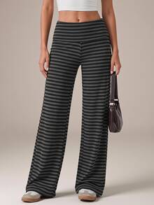 SHEIN Tall Tall Women's Casual Simple Gray Striped Straight-Leg Pants - Grey - View 5