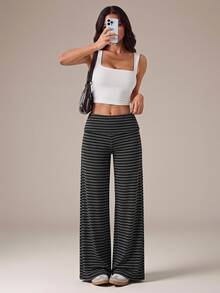 SHEIN Tall Tall Women's Casual Simple Gray Striped Straight-Leg Pants - Grey - View 7