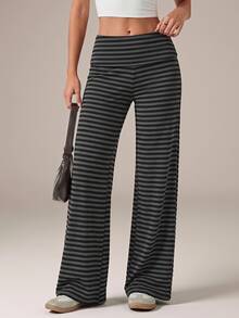 SHEIN Tall Tall Women's Casual Simple Gray Striped Straight-Leg Pants - Grey - View 3
