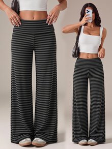 SHEIN Tall Tall Women's Casual Simple Gray Striped Straight-Leg Pants - Grey - View 4