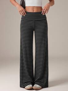 SHEIN Tall Tall Women's Casual Simple Gray Striped Straight-Leg Pants - Grey - View 6
