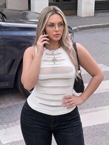 SHEIN ICON Plus Size Women Round Neck Mesh Patchwork Sheer Fitted Casual Top - White - View 3