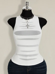 SHEIN ICON Plus Size Women Round Neck Mesh Patchwork Sheer Fitted Casual Top - White - View 5