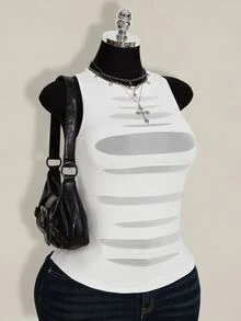 SHEIN ICON Plus Size Women Round Neck Mesh Patchwork Sheer Fitted Casual Top - White - View 9