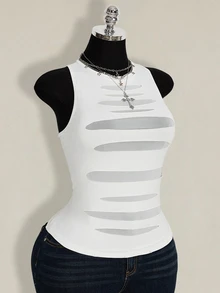 SHEIN ICON Plus Size Women Round Neck Mesh Patchwork Sheer Fitted Casual Top - White - View 12