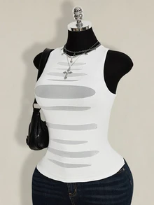SHEIN ICON Plus Size Women Round Neck Mesh Patchwork Sheer Fitted Casual Top - White - View 7
