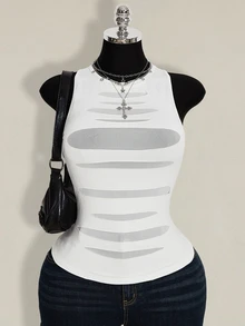 SHEIN ICON Plus Size Women Round Neck Mesh Patchwork Sheer Fitted Casual Top - White - View 2