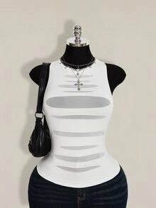 SHEIN ICON Plus Size Women Round Neck Mesh Patchwork Sheer Fitted Casual Top - White - View 6