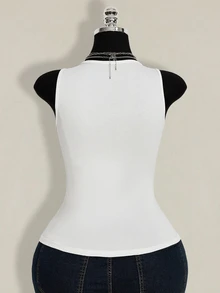 SHEIN ICON Plus Size Women Round Neck Mesh Patchwork Sheer Fitted Casual Top - White - View 4