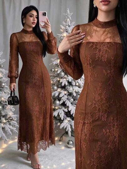 Elenzga Gaun Panjang Wanita Model Pas Badan Berkerah Semi-Tinggi Warna Cokelat Maillard untuk Musim Gugur/Dingin, Lengan Panjang Mengembang, Gaun Panjang Berenda Penuh yang Menawan