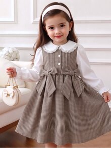 SHEIN 女童格紋洋裝 學院風 棕色與白色蕾絲彼得潘領 蝴蝶結鈕扣 長袖圓領 派對秋季婚禮賓客禮服 優雅時尚 - 咖啡 - 查看 1