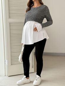 SHEIN Áo cho con bú bầu tay dài phối màu phong cách thường ngày cho mùa thu - Xám - Xem 4